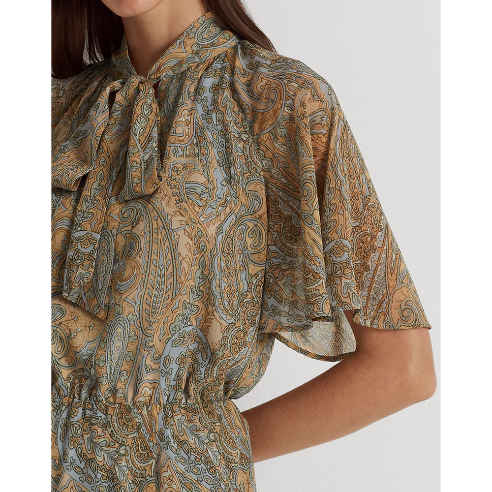Lauren Ralph Lauren Paisley Crinkle Georgette Tie-Neck Dress Multi Size 10 1802 - Picture 3 of 4